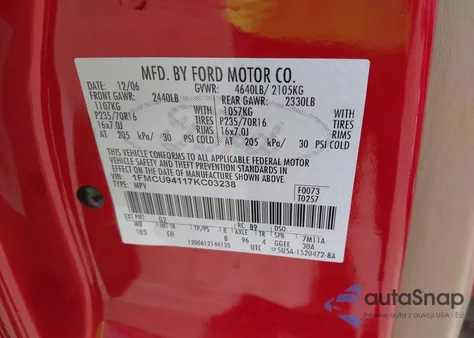 2007 Ford Escape Limited from USA, damaged, VIN 1FMCU94117KC03238